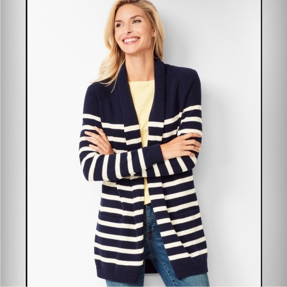 Talbots Navy Blue & White Striped Open-Front Cardigan Sweater Women's Sz Small P - Picture 1 of 9